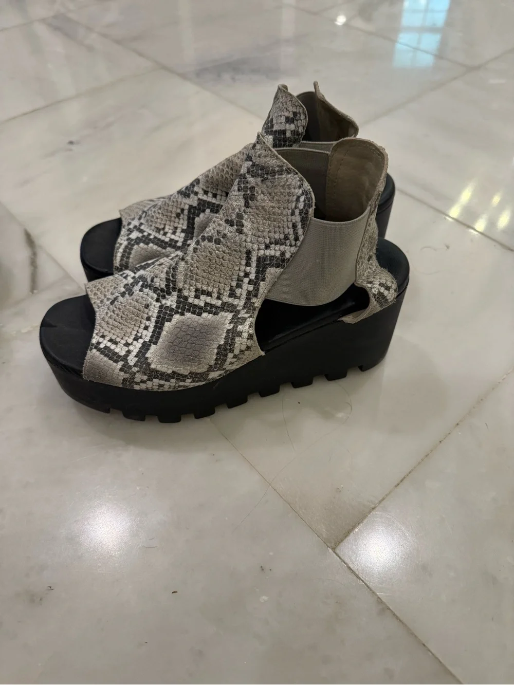 Snake-Print Platform Slingback Sandals in Gray